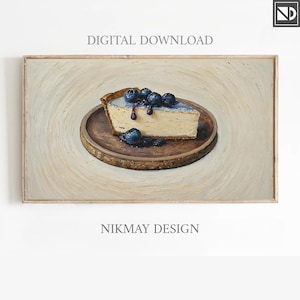 May include: A painting of a slice of cheesecake topped with blueberries and a drizzle of blueberry sauce on a wooden plate. The plate is on a light beige background.