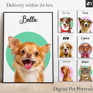 May include: A digital pet portrait of a chihuahua named Bella. The portrait is in a colorful, modern style with a green circle background.