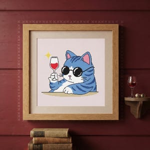 Cat with a drink cross-stitch pattern, funny beginner-friendly, summer embroidery, simple humour, retro vector vibes, bar counter decor
