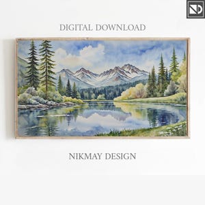 Watercolor Landscape Frame TV Art: Mountain Lake View (Digital Download)