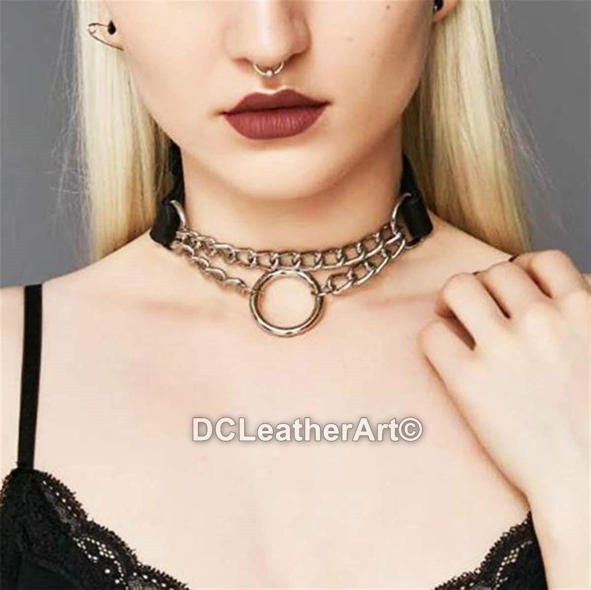 Black Leather Choker Necklaces Circle Adjustable Collar Necklace