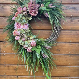 Lush pink and green wreath with hydrangeas, roses, and peonies.  Year Round Wreath, Everyday Wreaths, Front Door Wreaths, Farmhouse Decor