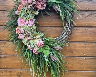 Lush pink and green wreath with hydrangeas, roses, and peonies.  Year Round Wreath, Everyday Wreaths, Front Door Wreaths, Farmhouse Decor