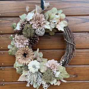 Boho chic rustic wreath. Fall wreath for front door. Elegant and delicate autumn wreath with eucalyptus, daisies, pumpkins