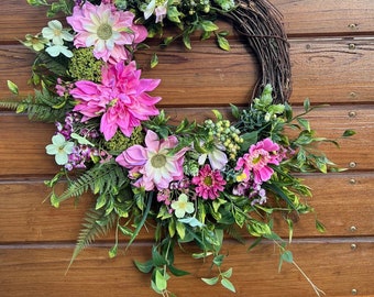 Bestselling Spring wreath for front door in green and pink tones. Dahlias, Daisies, berries. Spring  wreath for porch. Two size options.