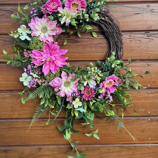 Bestselling Spring wreath for front door in green and pink tones. Dahlias, Daisies, berries. Spring  wreath for porch. Two size options.