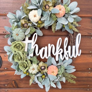 New Model: Fall Thanksgiving wreath. Best selling fall wreath and Etsy&#39;s pick. Lamb&#39;s ear and pumpkin autumn wreath. Fall pumpkin wreath