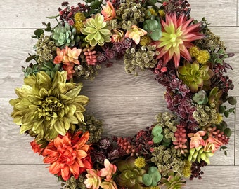 Artificial succulent wreath. Dhalias wreath. All seasons front door wreath. (4 color options). Faux succulents wall decor