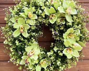 Everyday orchíd green wreath. Elegant evergreen farmhouse style wreath for outdoor. Wreath for front door. Orchids decor. Greenery wreath