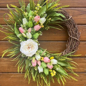 Best-selling Spring wreath for front door. Real touch tulips in pink, white and green tones. Baby’s breath and tulips.  Farmhouse wreath.