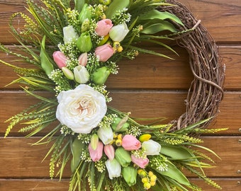 Best-selling Spring wreath for front door. Real touch tulips in pink, white and green tones. Baby’s breath and tulips.  Farmhouse wreath.