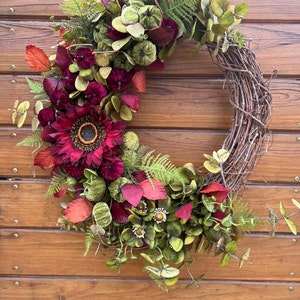 Burgundy Sunflower Wreath: Elegant Fall Decor, Green Velvet Pumpkins