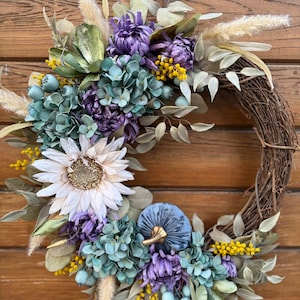 Large Elegant fall wreath. High-end teal, lavender and sage autumn wreath. Velvet pumpkins, hydrangeas, bedazzle sunflower. Fall decor