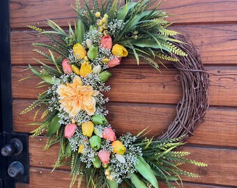 Classy, elegant Spring wreath for front door. Realistic artificial tulip wreath. Baby’s breath and tulips. Mother's day wreath