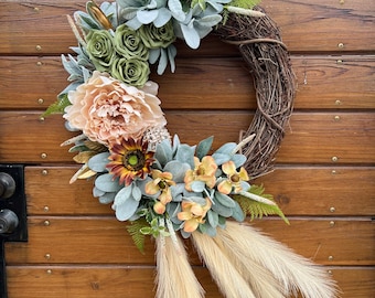 Bestselling Boho chic wreath in earthy tones for front door. Peonies, roses, dahlia, fern, and assorted greenery  wreath for all seasons