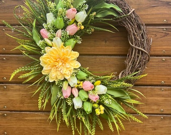 Best-selling Easter wreath. Spring wreath. Real touch tulips in pink, white and green tones. Baby’s breath and tulips.  Farmhouse wreath.