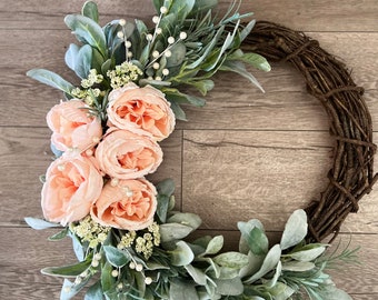 Lamb’s ear wreath for outdoor. Peonies and Lamb's ear. All seasons wreath for front door. Summer and fall wreath.