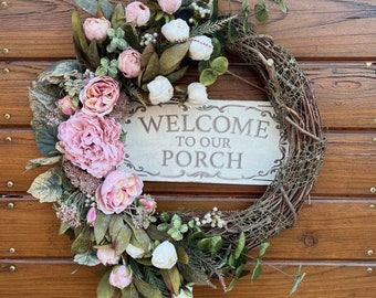 Boho chic farmhouse romantic wreath. Vintage style roses and greenery, summer into fall front door wreath. Wall decor