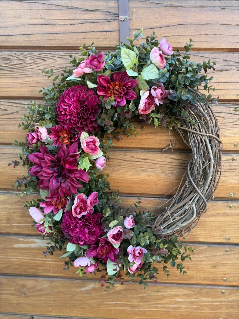 Elegant Pink, Magenta and green Dahlia Wreath. Lush, high end faux decor for porch. Boho chic wreath. eucalyptus and roses image 1