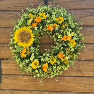 Best-selling summer wreath for front doors. Sunflowers, ranunculus, daisies, eucalyptus wreath. Spring, summer and fall wreath for outdoor image 1