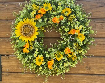 Best-selling summer wreath for front doors. Sunflowers, ranunculus, daisies, eucalyptus wreath. Spring, summer and fall wreath for outdoor