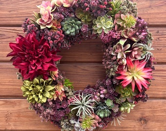 Faux succulents wreath with dahlias and artificial succulents. Front door wreath year round. Christmas succulent wreath