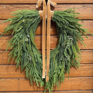 Bestselling cascading Norfolk Pine Door Wreath. Natural Touch (faux) Outdoor Christmas pine wreath, Winter artificial Norfolk pine. 4 sizes