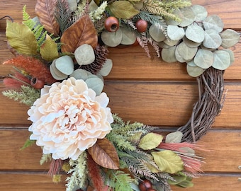 Mauve, green and brown lush wreath for all seasons. Romantic Fall wreath for porch. Elegant wreath. Boho chic decor