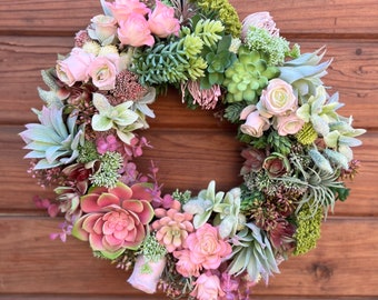 Artificial succulent wreath. Pink and green faux succulent wreath for front door.  Easter wreath