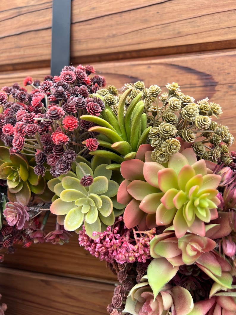 May include: A green, pink, and brown succulent wreath with small pink and green flowers.