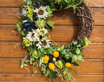 Large lemon wreath with blueberries and sunflowers. Perfect summer weath. Spring and summer wreath for front door. Porch decor lemon wreath