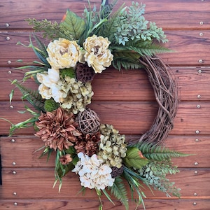 Boho chic, farmhouse wreath for front door. Peonies, dahlias and hydrangeas in natural tones for and all year. Two different models