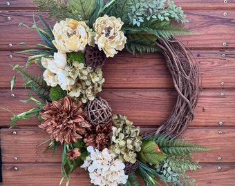 Boho chic, farmhouse wreath for front door. Peonies, dahlias and hydrangeas in natural tones for and all year. different models