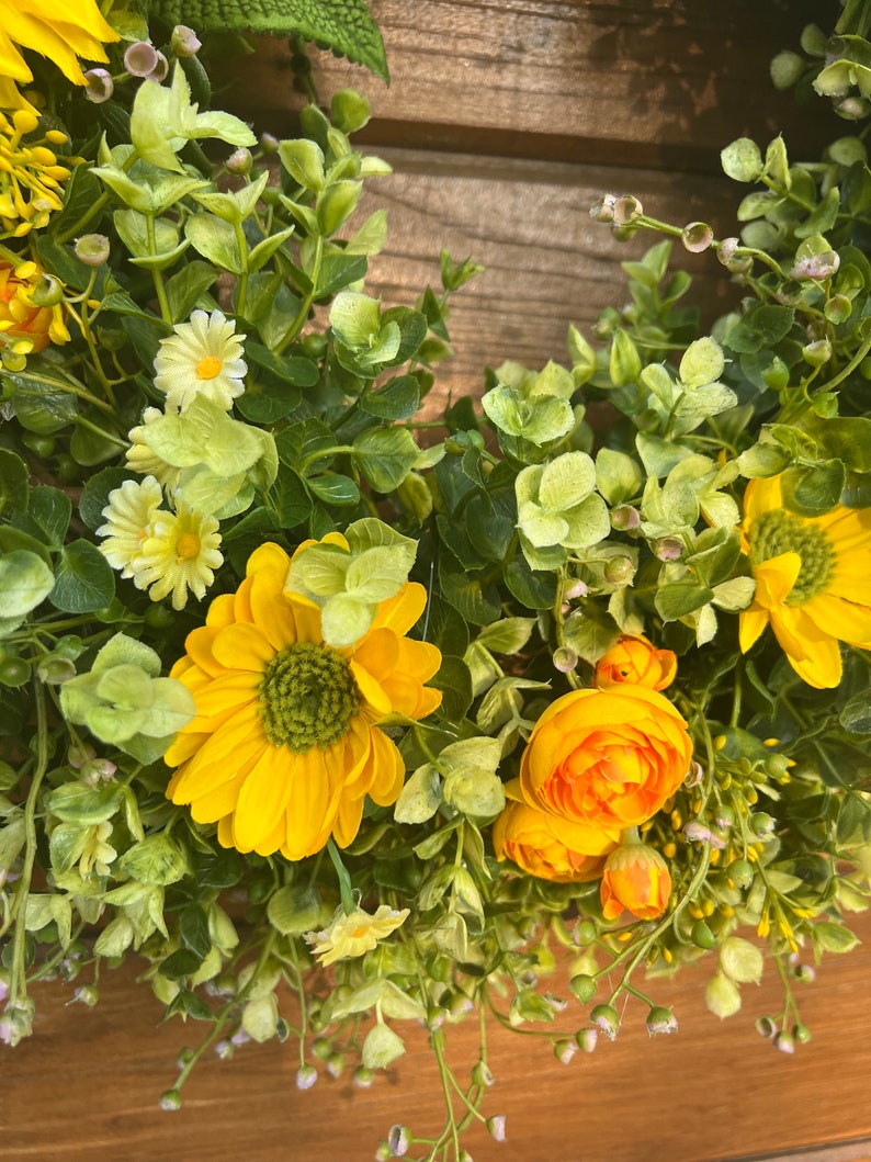 Best-selling summer wreath for front doors. Sunflowers, ranunculus, daisies, eucalyptus wreath. Spring, summer and fall wreath for outdoor image 9