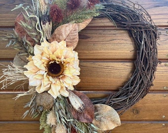 Rustic boho chic wreath. Sunflowers, oats, dried grass in natural tones. Best seller wreath