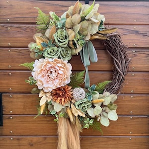 Boho chic collection: farmhouse year-round faux wreaths. Dahlias, roses, hydrangeas, and sunflowers in natural hues. Multiple designs