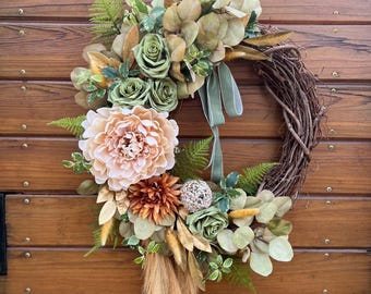 Boho chic collection: farmhouse year-round faux wreaths. Dahlias, roses, hydrangeas, and sunflowers in natural hues. Multiple designs