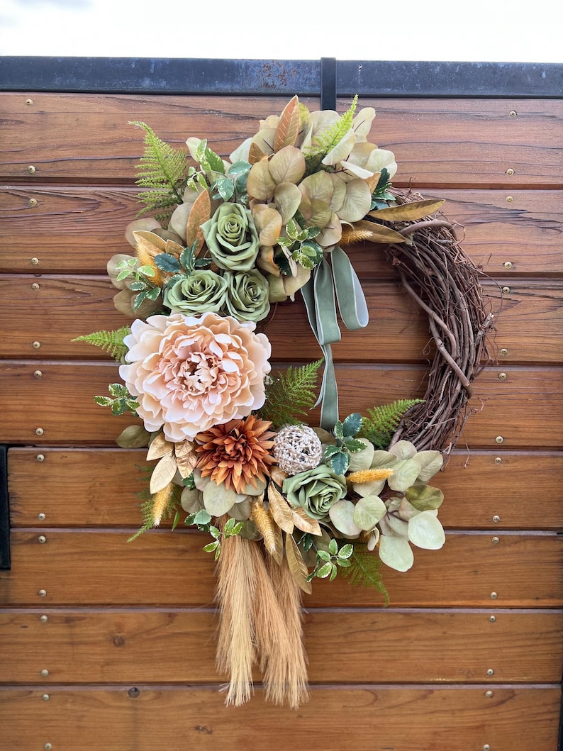 Boho chic collection: farmhouse year-round faux wreaths. Dahlias, roses, hydrangeas, and sunflowers in natural hues. Multiple designs cream peony n green