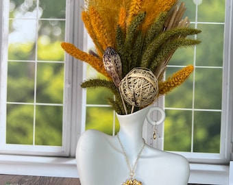 Mother’s day gift. Artificial floral arrangement. Ceramic centerpiece with preserved dried flowers. Earthy Faux Floral arrangement for home