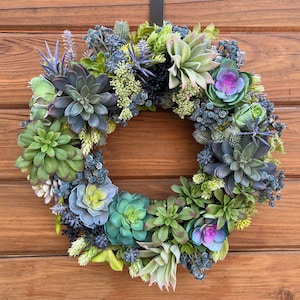 Succulent artificial wreath. Blue wreath. Realistic, lush, succulent decor. Year round front door wreath.