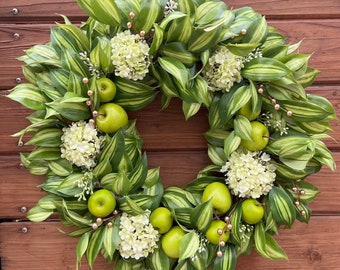 Year round evergreen wreath for front door. Kitchen decor. Greenery wreath. Hydrangeas and apples. Mantle decor