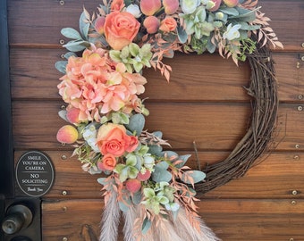 Romantic spring wreath for outdoor. Fruit wreath with peaches, hydrangeas and fern. Year round  wreath for front door. Spring decor