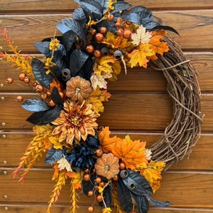 Best selling Elegant fall wreath. Autumn wreath for Thanksgiving. Halloween Wreath. Glamoween, Falloween, dark metallic blue, orange-yellow