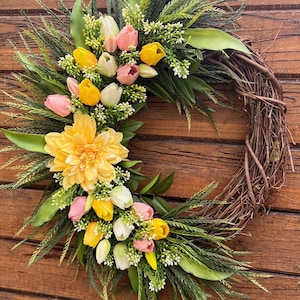 Bestseller Spring wreath. Real touch tulips in pink, white, yellow & green tones. Baby’s breath and tulips.  Farmhouse wreath. Easter wreath