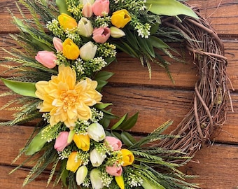 Bestseller Spring wreath. Real touch tulips in pink, white, yellow & green tones. Baby’s breath and tulips.  Farmhouse wreath. Easter wreath