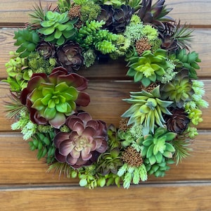 Artificial succulent wreath. Dhalias wreath. All seasons front door wreath. 4 color options. Faux succulents wall decor green and brown 17