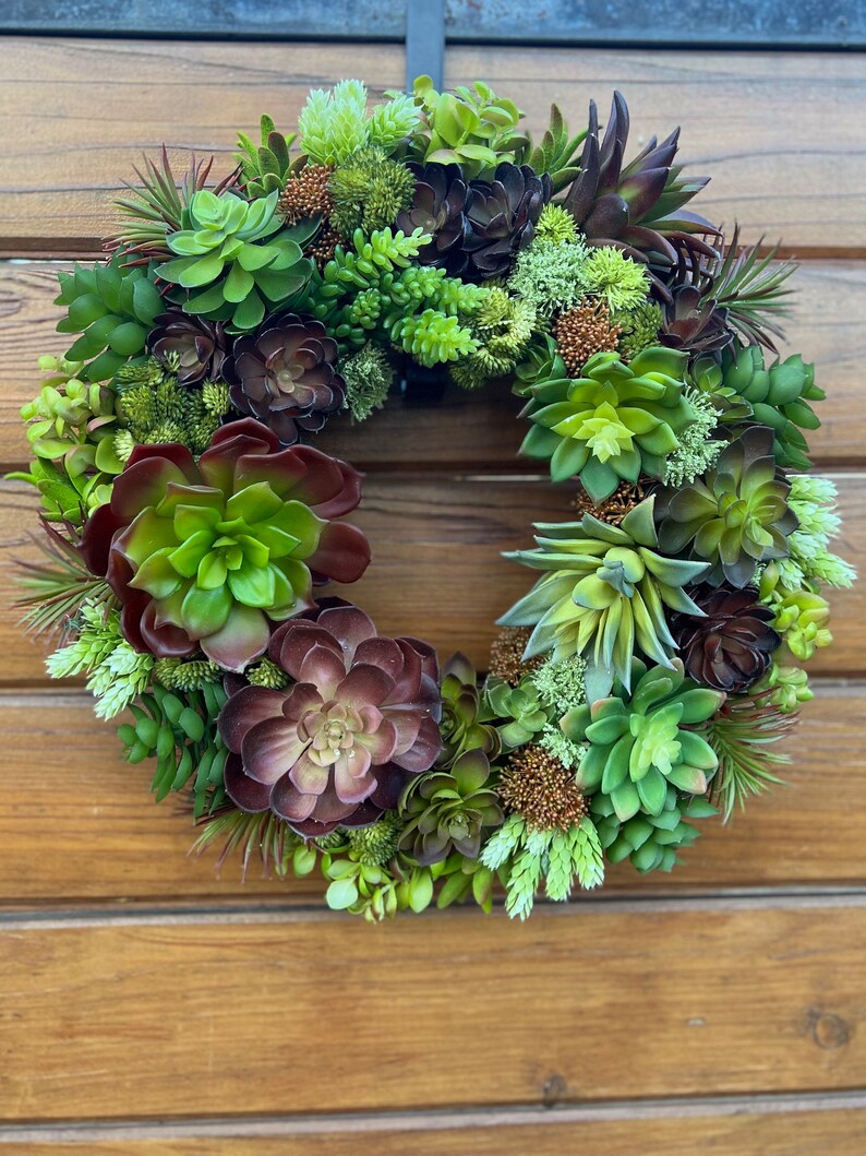 May include: A green and brown succulent wreath with a variety of different succulent plants. The wreath is hanging on a wooden door.