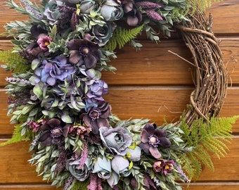 Boho chic wreath for front door. Purple, blue and green lush spring wreath. Boho chic wreath for front door