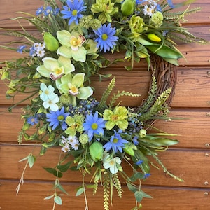 Bestselling Spring wreath for front door in green and lavender tones. Blue and green daisies, orchids, tulips door decor. 2 sizes