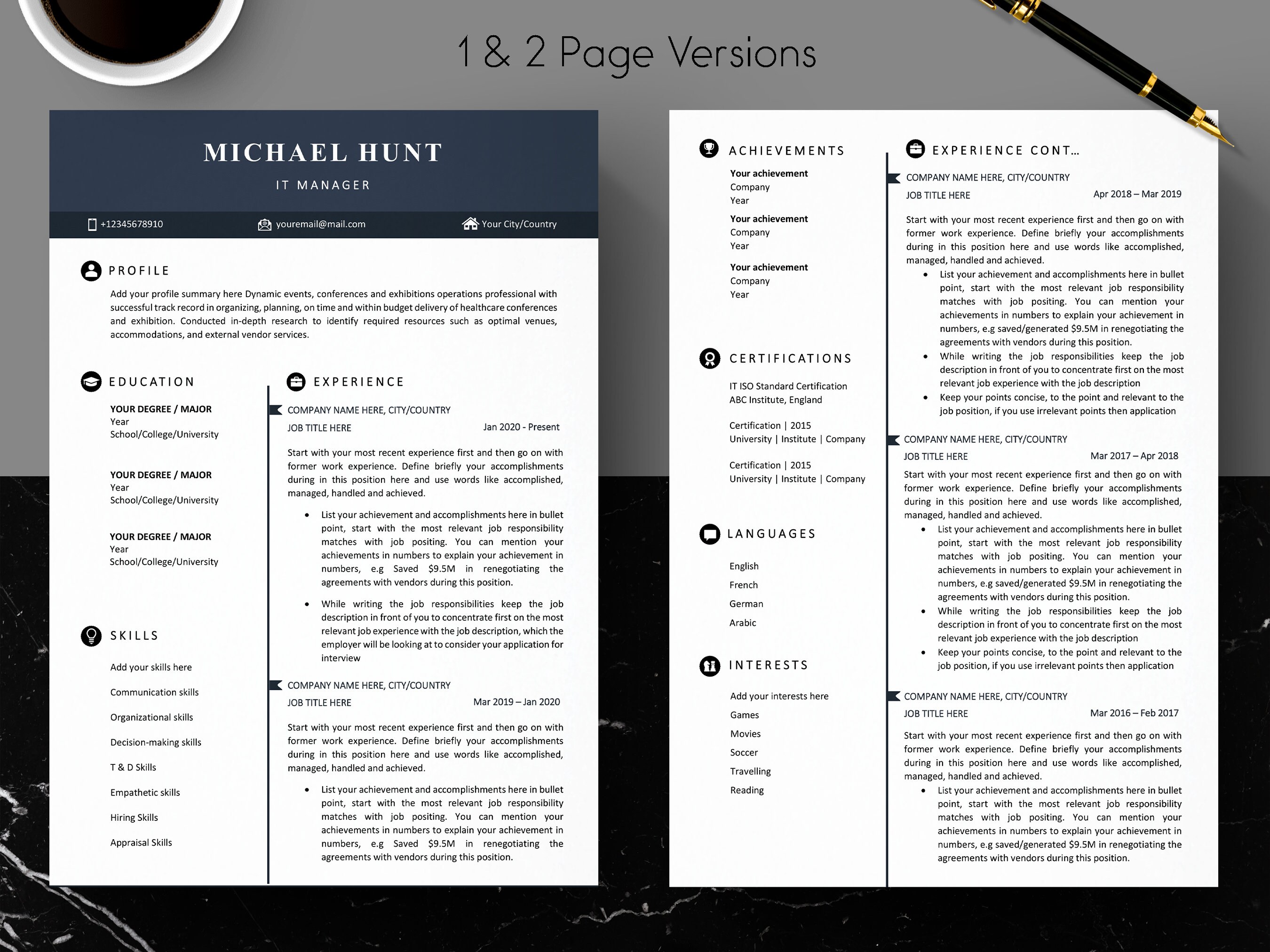 Modern Resume Template, Professional Executive CV Template 2022 With ...